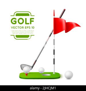 Realistic golf elements. Shooting preparation objects, sport game equipment, putter, ball and hole with red flag, 3d isolated on white item Stock Vector
