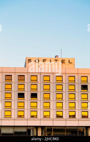 Exterior of modernist 1970s Sofitel Warsaw Victoria Hotel in Piłsudski Square, Warsaw, Poland Stock Photo