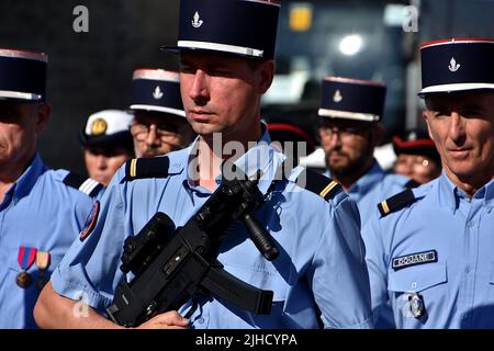 Members of French Customs parade march through the Old Port of Marseille during the National Day military parade. Stock Photo