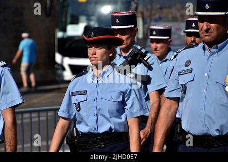 Marseille, France. 14th July, 2022. Members of French Customs parade march through the Old Port of Marseille during the National Day military parade. (Photo by Gerard Bottino/SOPA Images/Sipa USA) Credit: Sipa USA/Alamy Live News Stock Photo