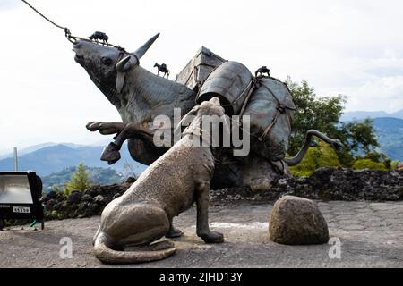 MANIZALES, COLOMBIA - MAY, 2022: Detail of the Monument to the Colonizers created by the artist Luis Guillermo Vallejo with the sand bronze casting te Stock Photo