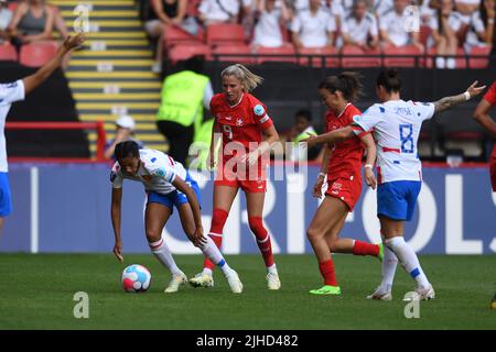 Sheffield, UK. 17th July, 2022. Esmee Brugts (Netherlands Women)Ana-Maria Crnogorcevic (Switzerland Women)Riola Xhemaili (Switzerland Women)Sherida Spitse (Netherlands Women) during the Uefa Women s Euro England 2022 match between Switzerland 1-4 Netherlands at Bramall Lane Stadium on July 17 2022 in Sheffield, England. Credit: Maurizio Borsari/AFLO/Alamy Live News Credit: Aflo Co. Ltd./Alamy Live News Stock Photo