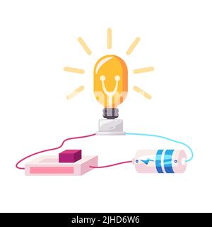 Electrical circuit design of light bulb lamp battery and switch connected with cable illustration Stock Vector