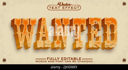 Wooden Western Cowboy Wanted Vector Editable Text Effect Template Stock Vector