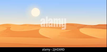 Desert wild panoramic landscape with dunes vector illustration. Cartoon dry palm trees growing on hills of yellow sandy land under blue sky with hot sun background. Drought, nature, wilderness concept Stock Vector