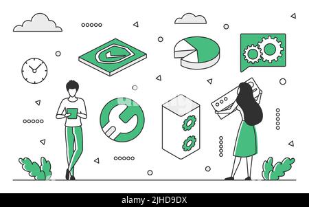 Bug fixing and data recovery. Quality assurance engineering, software testing vector monocolor illustration Stock Vector