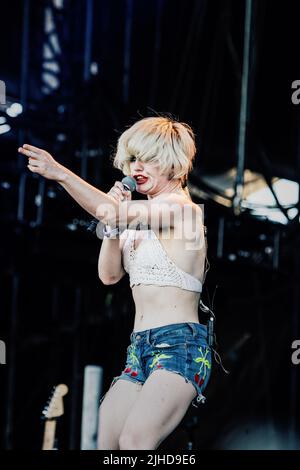 Amy Taylor of the band Amyl and the Sniffers performs live on stage at Mad Cool Festival in Madrid. Stock Photo