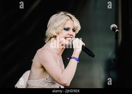 Amy Taylor of the band Amyl and the Sniffers performs live on stage at Mad Cool Festival in Madrid. Stock Photo