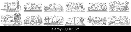 Black line different mini scenes landscapes set with mountains, forest fields and river vector illustration. Stock Vector