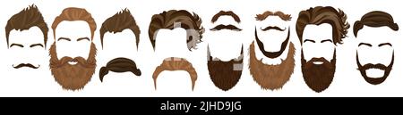 Mens hairstyles and beard set vector illustration. Realistic hipsters masks with curly hair, fake mustache in variation style, male haircut collection isolated on white. Barbershop, beauty concept Stock Vector