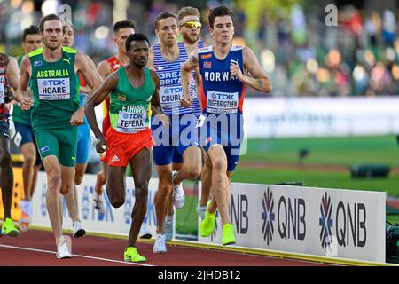 EUGENE, UNITED STATES - JULY 17: Oliver Hoare Australia, Samuel Tefera of Ethiopia, Neil Gourley of Great Britain, Jacob Ingbrigtsen of Norway competing on Men's 1500 metres during the World Athletics Championships on July 17, 2022 in Eugene, United States (Photo by Andy Astfalck/BSR Agency) Atletiekunie Credit: Orange Pics BV/Alamy Live News Stock Photo