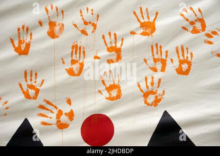 Palm prints on a First Nations teepee at National Indigenous peoples day 2022 celebrations,  Vancouver, British Columbia, Canada Stock Photo