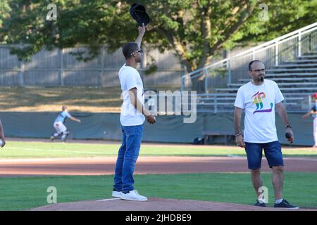 July 16 2022, London Ontario Canada, Pride President Stephen D'Amelio threw the first pitch at London Majors pride night. Luke Durda/Alamy Stock Photo