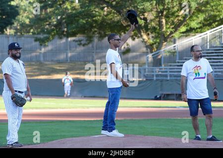 July 16 2022, London Ontario Canada, Pride President Stephen D'Amelio threw the first pitch at London Majors pride night. Luke Durda/Alamy Stock Photo