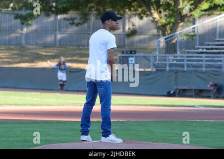 July 16 2022, London Ontario Canada, Pride President Stephen D'Amelio threw the first pitch at London Majors pride night. Luke Durda/Alamy Stock Photo