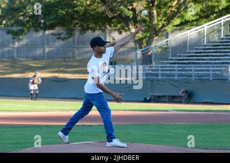 July 16 2022, London Ontario Canada, Pride President Stephen D'Amelio threw the first pitch at London Majors pride night. Luke Durda/Alamy Stock Photo