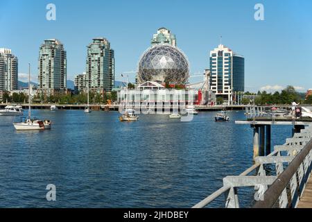 View of False Creek South and Telus World of Science geodesic dome, Vancouver, british Columbia, Canada Stock Photo