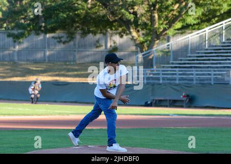 July 16 2022, London Ontario Canada, Pride President Stephen D'Amelio threw the first pitch at London Majors pride night. Luke Durda/Alamy Stock Photo