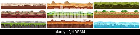 Ground level set vector illustration. Cartoon surface landscape diagram with different layers of soil and rocks, volcano, ice and green grass vegetation isolated on white. Game UI, nature concept Stock Vector