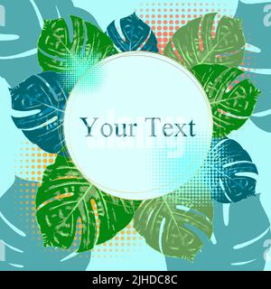 Summer Vibes. Summer green tropical flyer design with tropical flowers and monstera leaves. Frame design. Copy space Stock Vector
