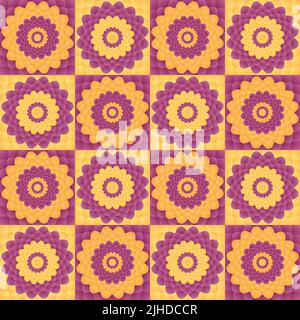 Stylized, vector dahlia. Seamless pattern arrange in a chessboard. Burgundy and yellow tiles. Stock Vector