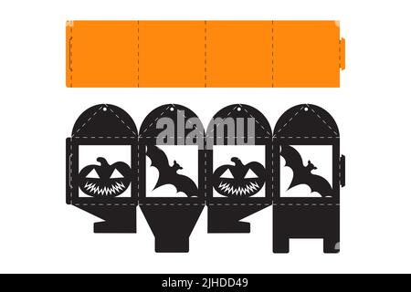 Halloween treat box with scary pumpkin. Jack-o-lantern facial gift party packaging for sweet, candies, small present, bakery. Simple package die cut t Stock Vector