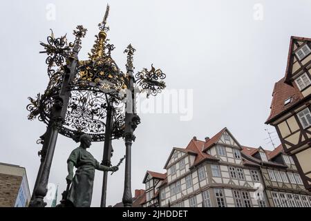 Architectural detail of the Holzmarkt Fountain (also: Oscar Winter Fountain ) located in front of the Leibniz house in the city center of Hanover Stock Photo