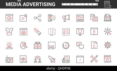 Media advertising agency, digital marketing thin red and black line icons set vector illustration. Abstract outdoor ads, print on shirt, online video and radio campaign and commercial announcement Stock Vector