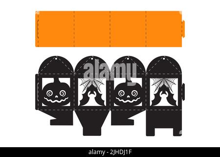 Halloween treat box with scary pumpkin. Jack-o-lantern facial gift party packaging for sweet, candies, small present, bakery. Simple package die cut t Stock Vector