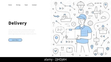 Delivery service doodle landing page. Mailman with parcel in hands and shipping icons around. Express transportation, logistics by airplane, ship, truck commercial company, Linear vector web banner Stock Vector