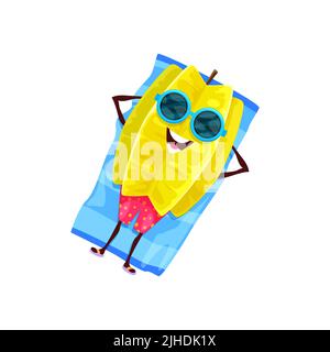 Cartoon tropical carambola star fruit on air inflatable mattress. Vector fresh tropical plant character wear swimming shorts and sunglasses tanning and relax on beach or pool. Personage on vacation Stock Vector