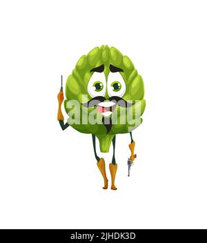 Cartoon artichoke cowboy character, funny vector artichaut bandit, robber or ranger personage with guns. Vegetable gangster wear boots and gloves, isolated fantasy food, adventure western game hero Stock Vector