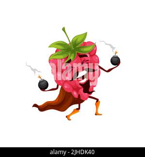 Cartoon raspberry pirate character with bombs in hands, vector food corsair. Funny raspberry berry as pirate captain or sailor corsair with cannonballs, fruit character of buccaneer or marine robber Stock Vector