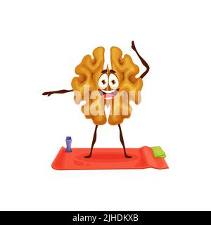 Cartoon happy walnut character on yoga or fitness sport. Vector funny nut personage stand on mat in asana pose. Zen meditation class, health and mind balance, comic seed yogi practice Stock Vector