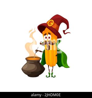 Cartoon churros witch character. Vector mexican tex mex snack wizard cooking a potion in cauldron. Halloween necromancer, funny churro magician in cape and hat, sorcerer magic personage Stock Vector