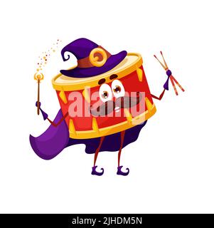 Cartoon drum wizard character. Isolated vector magician percussion instrument with wand and drumsticks. Funny fairy tale personage in purple witch hat and cape, music education class for kids, concert Stock Vector