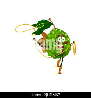 Cartoon bergamot cowboy with lasso. Vector citrus fruit horseman character wear hat and boots spin rope over head. Brave ranger fresh funny tropical plant, isolated fantasy vitamin food personage Stock Vector