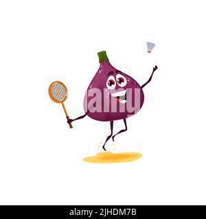 Cartoon fig playing badminton with racket and shuttlecock. Vector tropical fruit character with happy smiling face serving shuttlecock with racquet on sand court, exotic berry badminton player Stock Vector