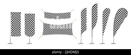 Racing flags, vinyl banners, black and white checkered signboards or billboards on metal poles used in motor sport. Ensigns of rectangular and triangular shapes, Realistic 3d vector illustration, set Stock Vector