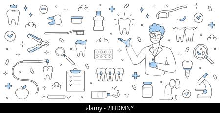 Dentistry medicine doodle set. Stomatology doctor with healthy shining tooth in hand, medical linear equipment icons around. Dental clinic services, teeth and caries treatment vector banner Stock Vector