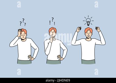 Man feeling confused thinking looking for problem solution. Process of brainstorming and idea generation. Innovation and problem solving. Vector illustration.  Stock Vector