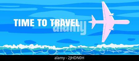 Time To Travel Flight Banner. Airplane silhouette on blue water surf Stock Vector