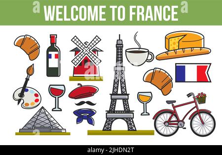 Travel agency brochures French culture and symbols architecture and cuisine vector Stock Vector