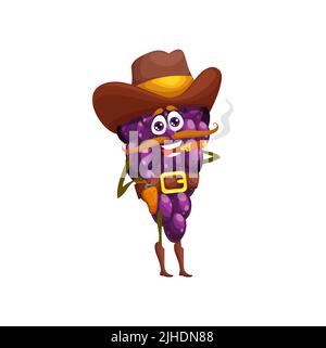Cartoon grape sheriff character, vector garden berry ranger in cowboy hat smoking cigar. Wild west hero with gun on belt, western personage healthy food Stock Vector