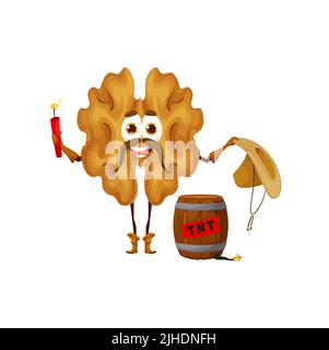 Cartoon walnut bandit character with TNT dynamite. Vector nut wild west cowboy personage holding bomb with sparkling fuse and hat. Mustached american ranger book or game texas western bank robber Stock Vector