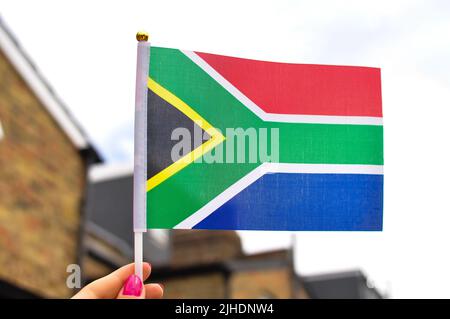 close up of national flag of south africa,red green and blue colors Stock Photo