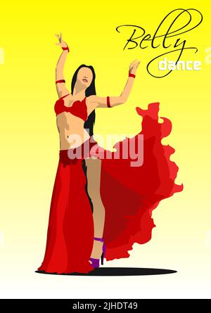 Belly dancer. Attractive girl dances east dance. Red dress. 3d vector color illustration Stock Vector