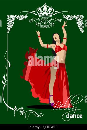 Belly dancer. Attractive girl dances east dance. Red dress. 3d vector color illustration Stock Vector