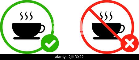 Drink allowed and prohibited. Coffee silhouette icon with check mark and cross mark. Editable vector. Stock Vector