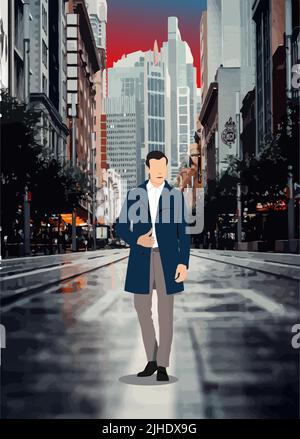 Young handsome man walking down the street. Businessman.Vector 3d illustration Stock Vector